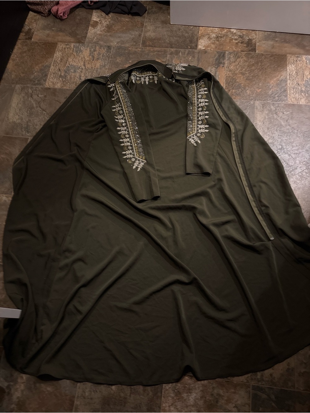 Olive Green Long Sleeve Embroidered Maxi Dress great fabric